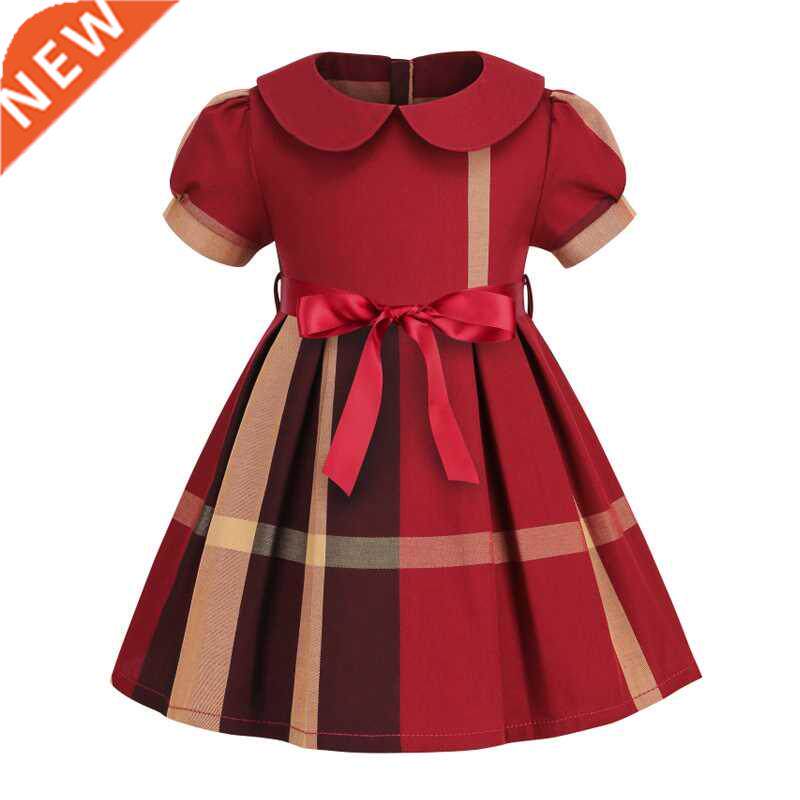 2022 New Fashion Summer Plaid Cotton Bow Dresses Short Sleev图片