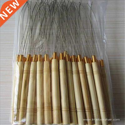 50Pcs Hair Extensions Threader Wooden Handle Hook Loop Needl