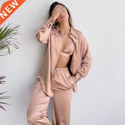 Restve Satin Pajamas For Women 3 Piece Set Turn Down Collar