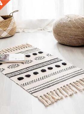 Retro Bohemian Hand Woven Cotton Linen Carpet Tassel Geometr