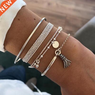 4PCS/Set Boho Geometric Tassel Chain Bracelet For Women Mult