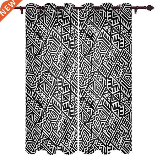 Ethnic Geometric Black And White Window Curtains for