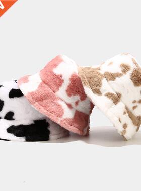 New Winter Cow Print Plush Bucket Hats for Women Tourism Out