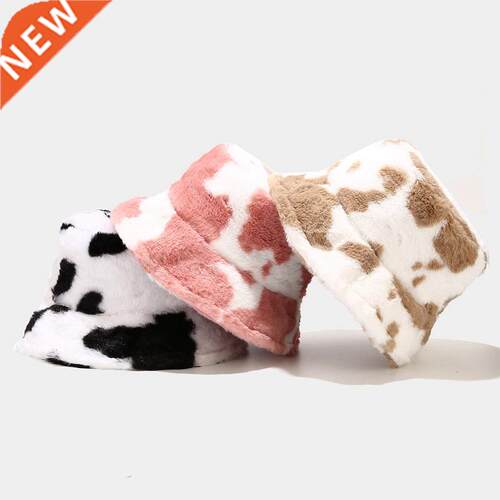 New Winter Cow Print Plush Bucket Hats for Women Tourism Out