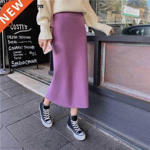 High Elastic Waist Women Long Skirt Knitted Pencil Skirt Woo
