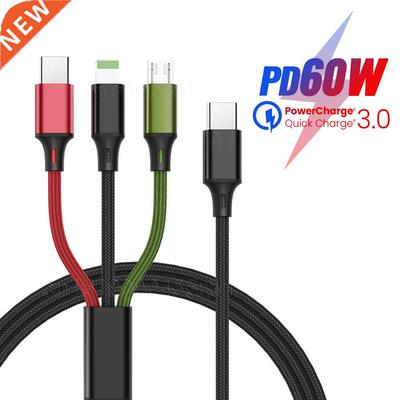 PD 60W 3in1 USB C Cable for iPhone 13 12 11 Pro Max QC3.0 Mi