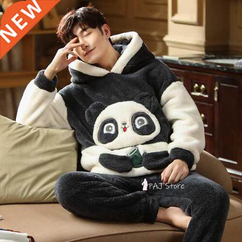 Large Bust Warm Man Fleece Pajamas Winter Men Thick Hood Fla