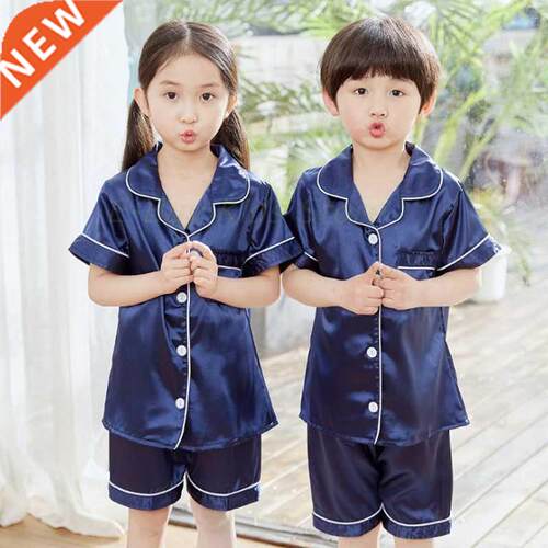 Children Pyjama Sets Silk Satin Sleepwear Summer Short Sleev