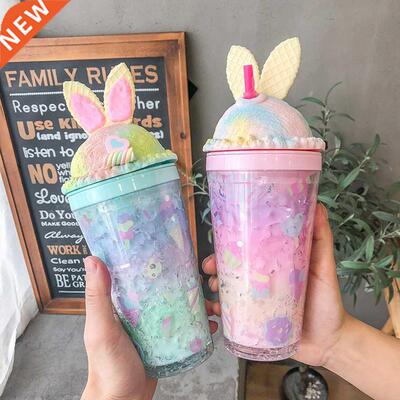 Hot Double Layer Colorful Rabbit Ear Plastic Water Bottle