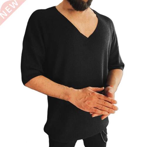 V Neck Men's T-Shirts Autumn Top Knitted Half Sleeve Solid C