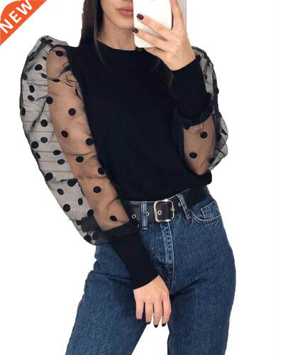 Hot Womens Polka Dots s Sheer Mesh Shirt Puff Long Sleeve