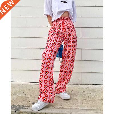 Missnight Pink Pants Heart Printed Straight Elastic High Wai