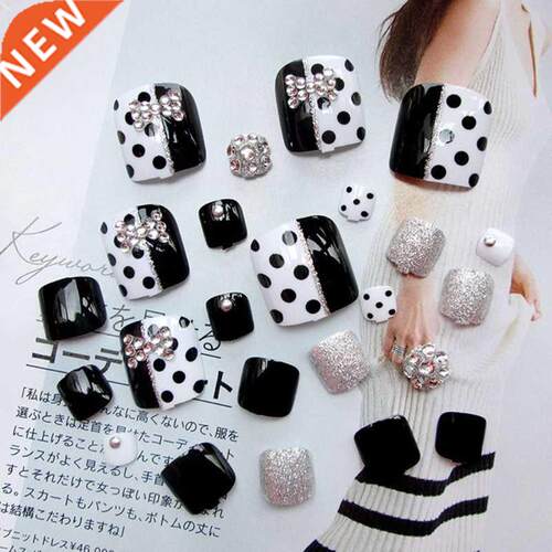 24Pcs Black White Rhinestone Art Tips False Toe Fake Nails