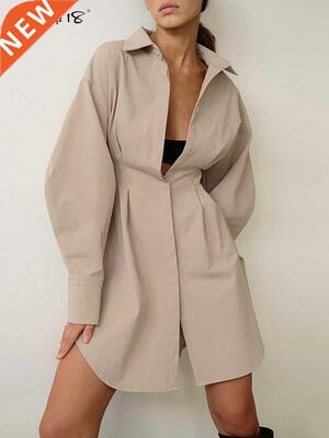 Mnealways18 Spring Summer Bodycon Dress Women Khaki Long Sle