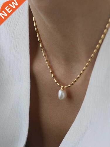 Titanium With 18K Gold Beads Chian Real Pearl Choker Necklac