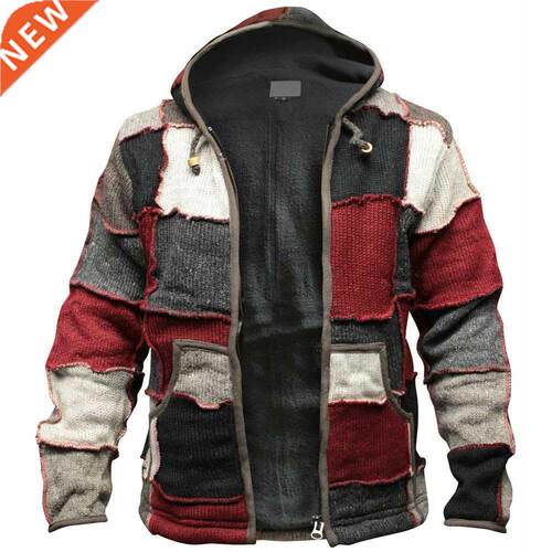 Autumn Winter Sweater Men Hooded Spliced Retro Open Stitch