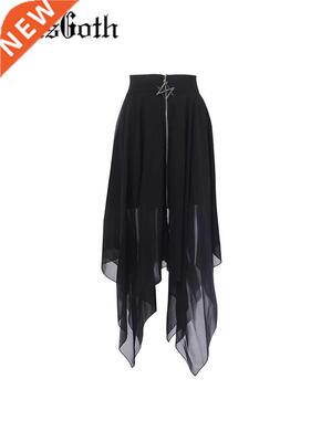 Summer Mesh Irregular Women Skirts Pentagram Zipper Black Pu