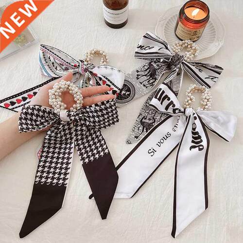Korea Long Ribbon Pearls Hair Bands Bow Hair Scrunchies For