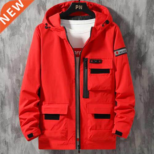 Spring Autumn Hooded Windbreaker Jacket Men Red Black Khaki