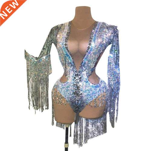 Sparkling Silver Rhinestone Sequin Tassel Party Bodysuit Wom