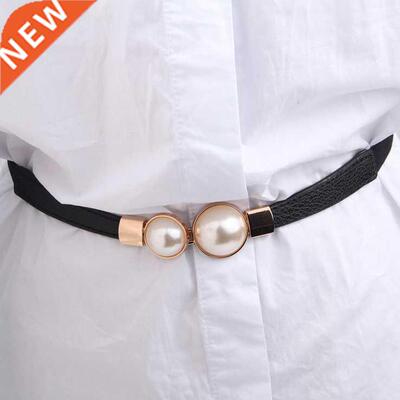Fashion Thin PU Leather Belt Simulated Pearl Elastic Waist B