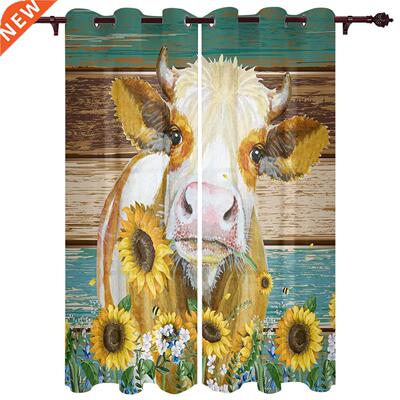 Farm Cows Sunflower Vintage Planks Window Curtains for