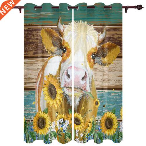 Farm Cows Sunflower Vintage Planks Window Curtains for