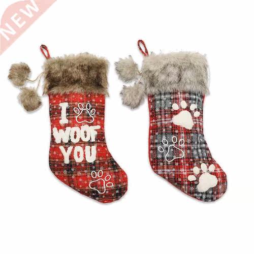 Christmas Gift Socks Plush Christmas Plaid Stocking with Han