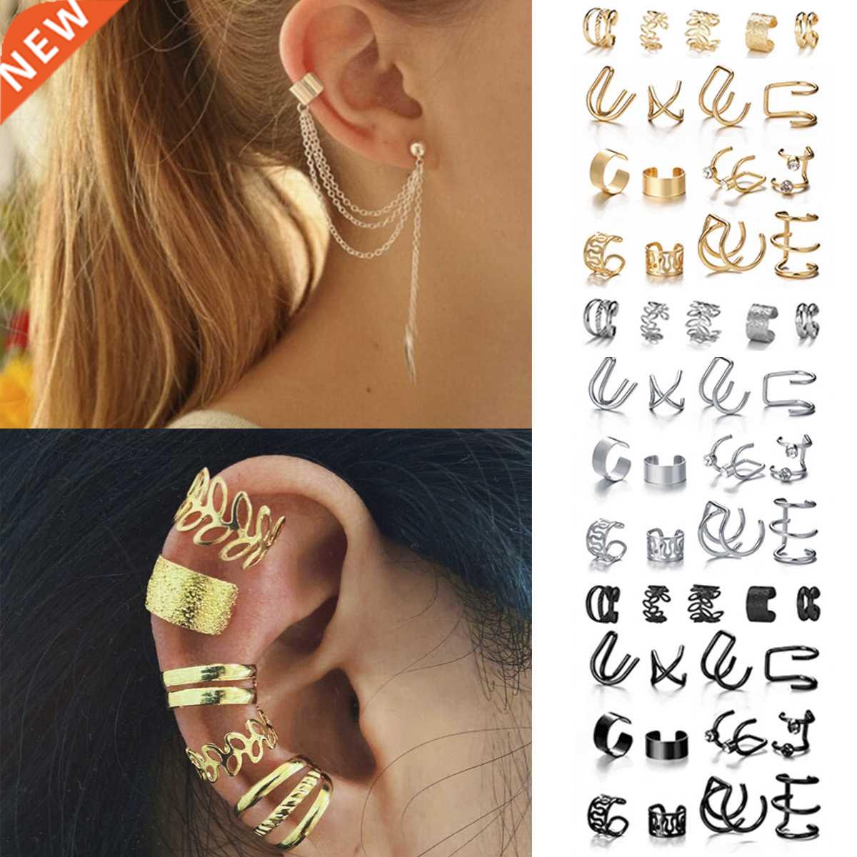 LATS Gold Leaves Ear Cuff Black Non-Piercing Ear Clip Earrin