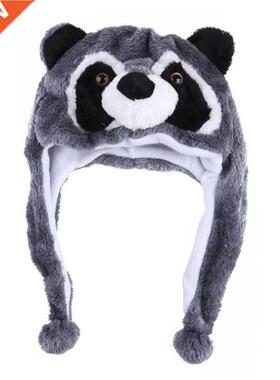 Unisex Winter Fuzzy Plush Raccoon Animal Hat with Pompom Lon