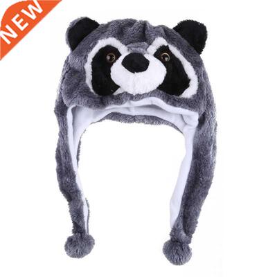 Unisex Winter Fuzzy Plush Raccoon Animal Hat with Pompom Lon