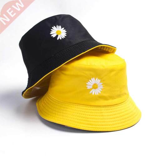 Women Bucket Fishing Hats Embroidery Daisies Cap Double-side