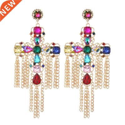 NeeFuWoFu New Black Cross Earring Colorful Long Tassel Big G