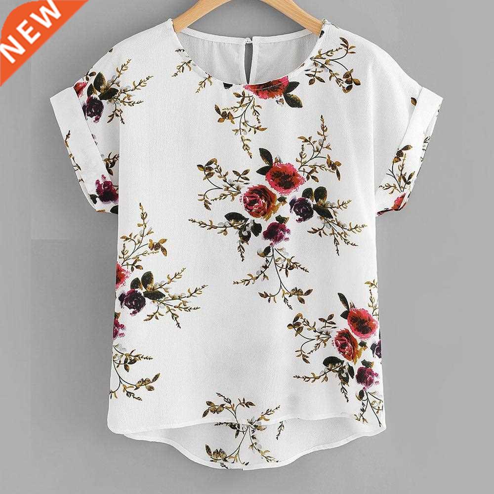 Summer Fashion Floral Print Blouse Pullover Ladies O-Neck Te