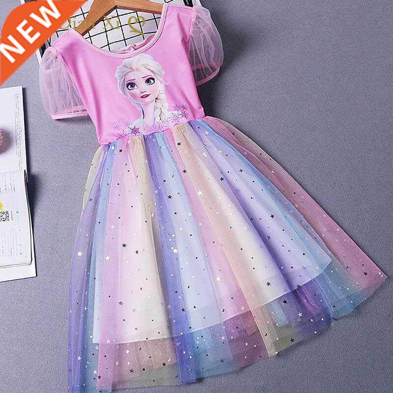 Summer Kids Dresses for Girls Frozen Elsa Short Sleeve Princ图片