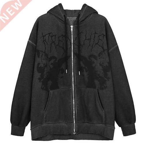 Punk Men Hip Hop Setwear Hooded Jacket Angel Dark Print Jack