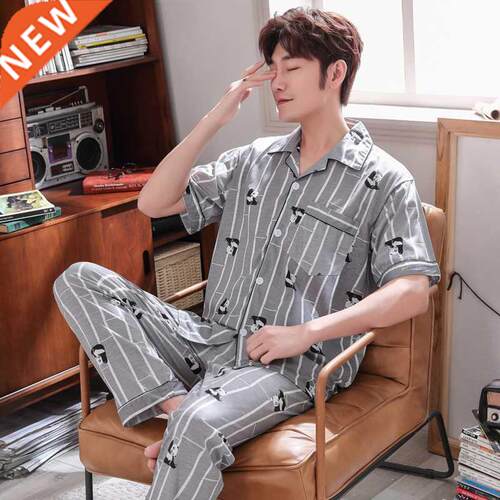 Summer pajamas men's short-sleeved suit polyester-cotton thi