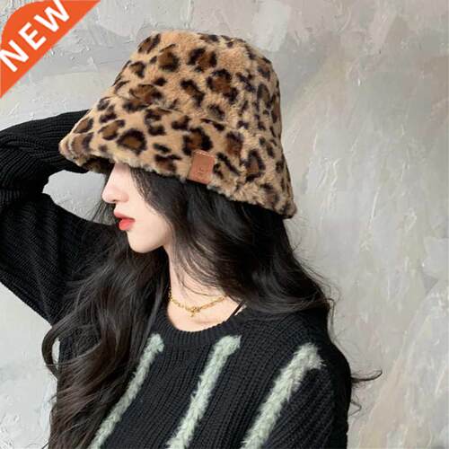 Fashion Winter Faux Fur Plush Bucket Hat Leopard Print Women