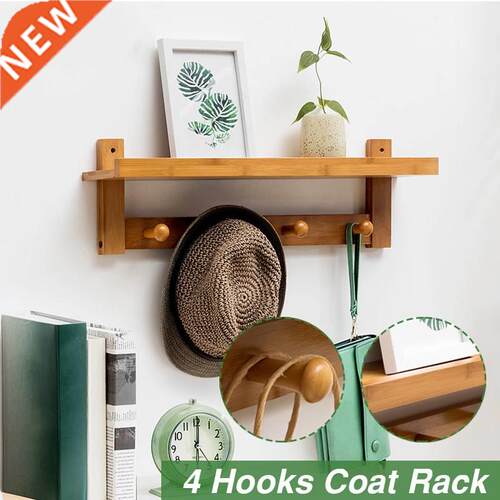 2021 4 Hooks Bamboo Wood Wall Mounted Coat Rack Wall Racks