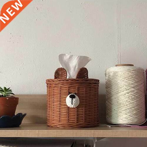 Handwoven Bear Tissue Box with Ears Cute Paper Towel Storage