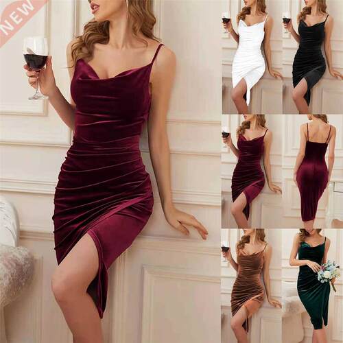 Fashion Women's Temperament Slit Pleated Velvet Sling Dress