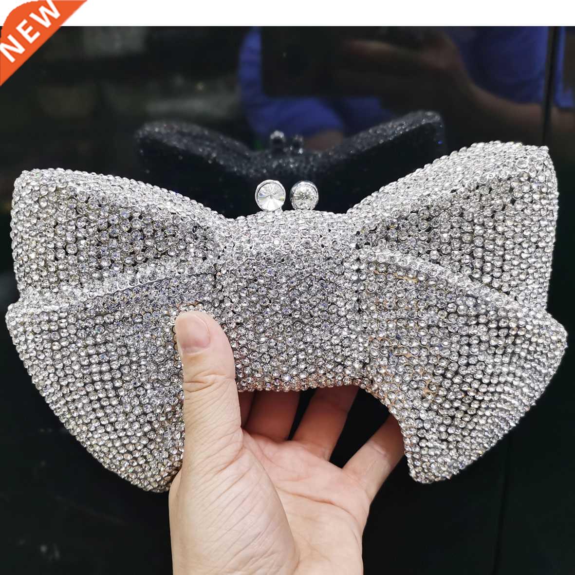 Luxury Novelty Bow Clutch Crystal Evening Bags Silver Bowkno