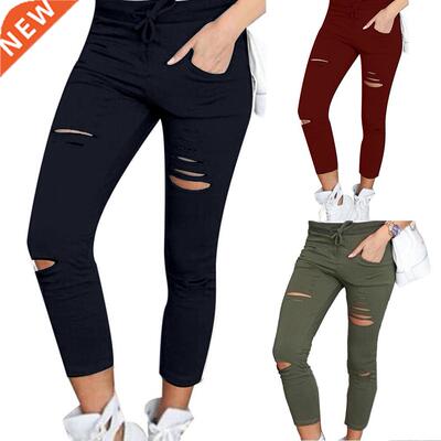 Plus Size Solid Color Drawstring High Waist Pencil Pants Rip