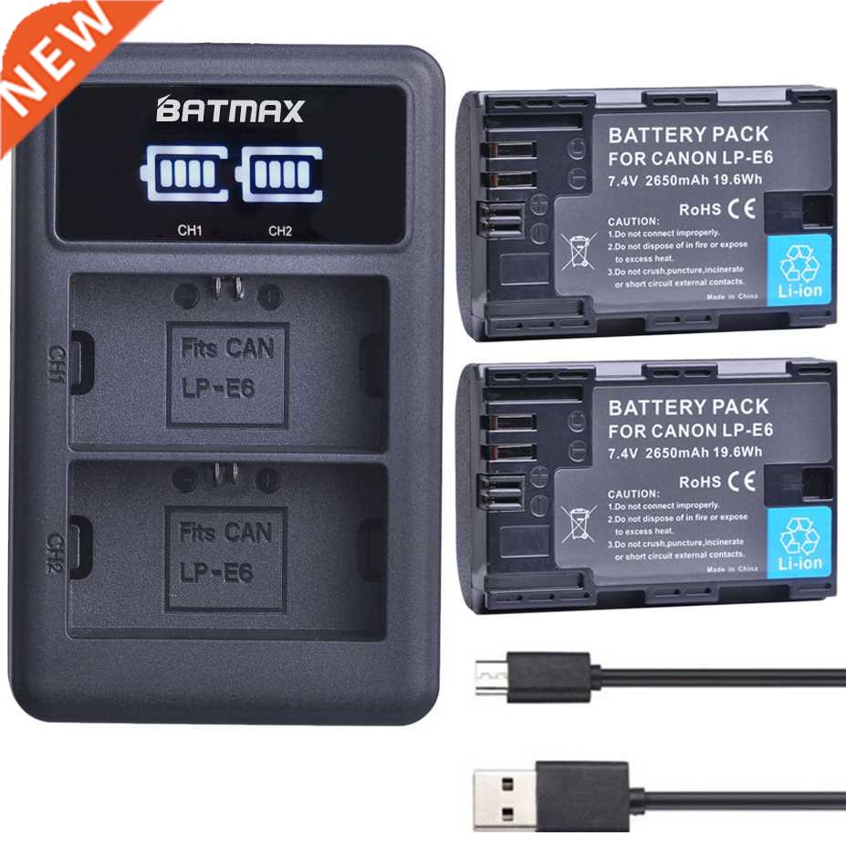 2X 2650mAh LP E6 LPE6 LP-E6 E6N Battery + LED Dual Charger F