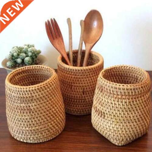 Handmade Rattan Storage Box Cosmetc Pen Holder Tea Ceremony