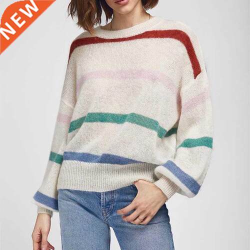 Women's Mohir Wool Striped Sweter Loose Design Long-sleeve