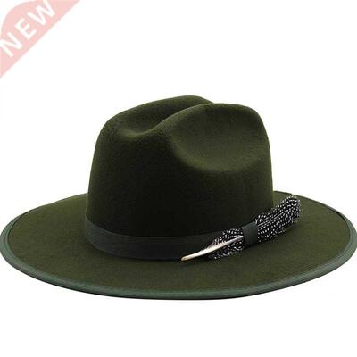 New Military green Feather band Wool Women Fedora Hat Men co