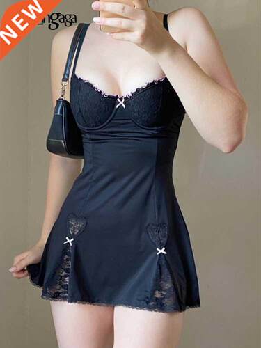 Darlingaga Y2K Retro Lace Patchwork Strap Bow Black Dress Mi