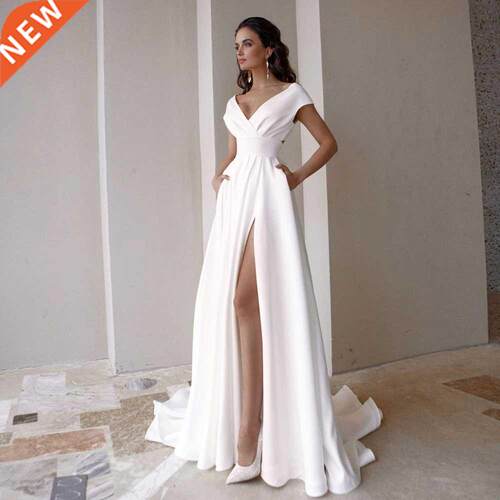 Modest V-Neck Wedding Dress for Women Fashion Short Sleeve S