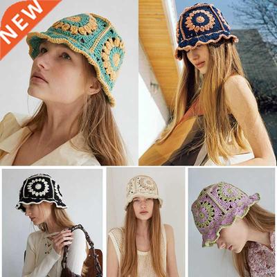 Women Hlow Flower Knitted Fisherman Hat Handmade Crochet M